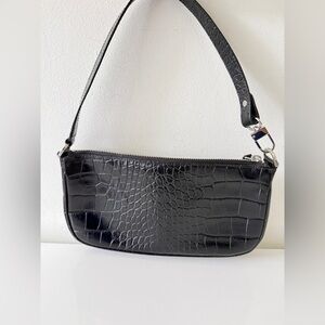 BY FAR Rachel Croc Embossed Leather Small Shoulder Bag Handbag Black